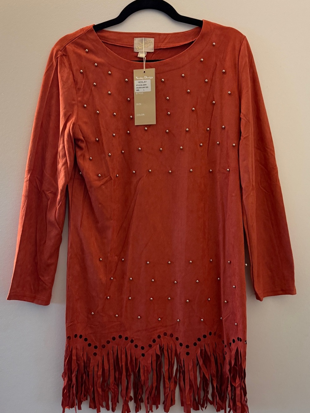 Neslay Boho Faux Suede Fringe Studded Western Dress - Size S, M, L